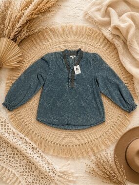 Entro Blue Floral Peasant Blouse | Boho Long Sleeve Top | Embroidered Trim | NWT